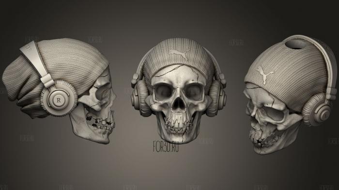 scull with headphones stl model for CNC