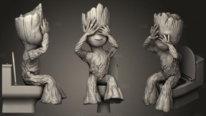 Three Wise Groot On Toilet stl model for CNC