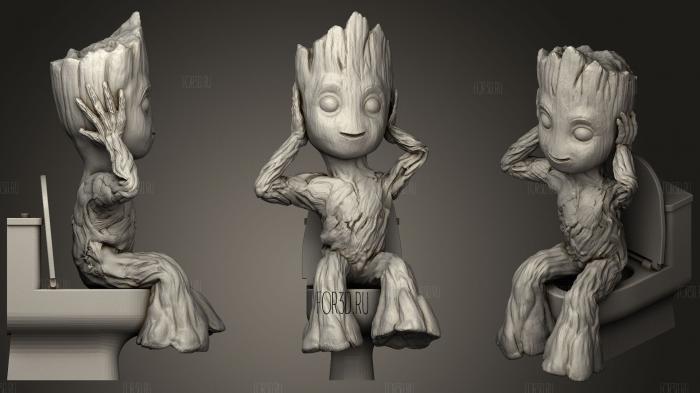 Three Wise Groot On Toilet1 stl model for CNC