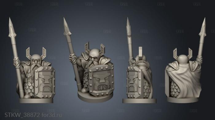 Dwarf guardian with shield and spear on stand stl model for CNC