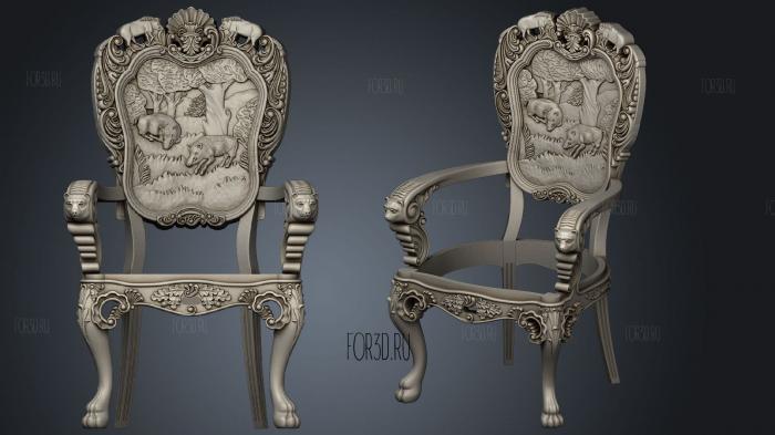 Carved chair with a panel of wild boars in the forest on the back 3d stl for CNC