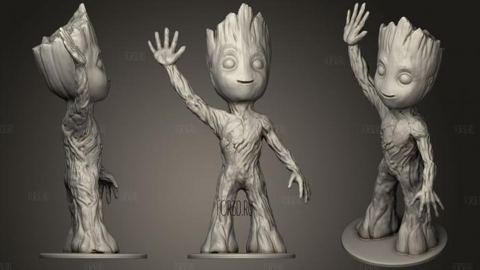 Baby Groot Standing Waving W Stand stl model for CNC